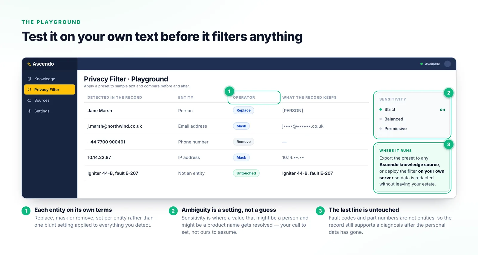 The Privacy Filter Playground listing five values found in a record with the entity type detected, the operator applied to each, and what the filtered record keeps in place of the original.