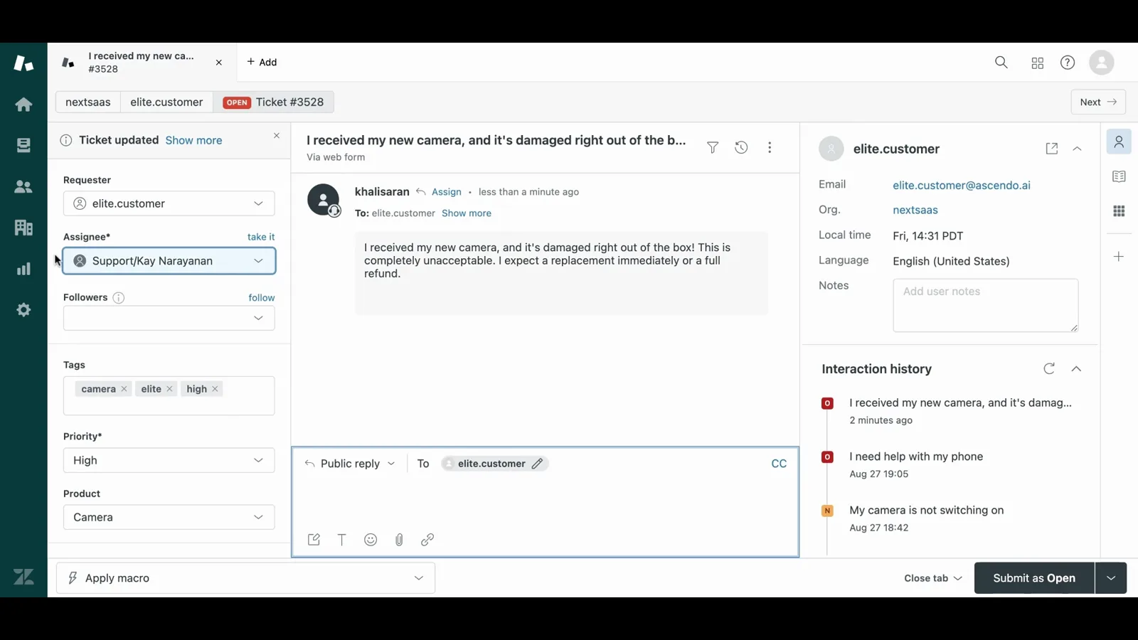 A Zendesk ticket from an Elite customer reporting a camera damaged on arrival, tagged camera, elite and high, with priority set to High and the assignee field updated to a named support agent.